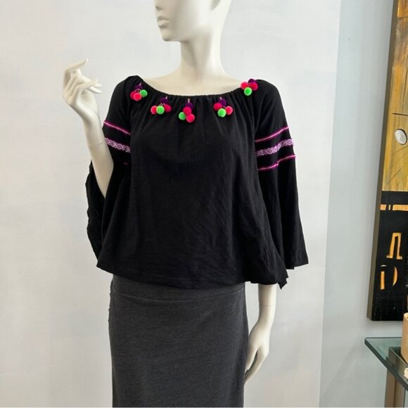 Pitusa Stretch Cotton OTS Peasant Blouse with Dingle Balls - Picture 4 of 15